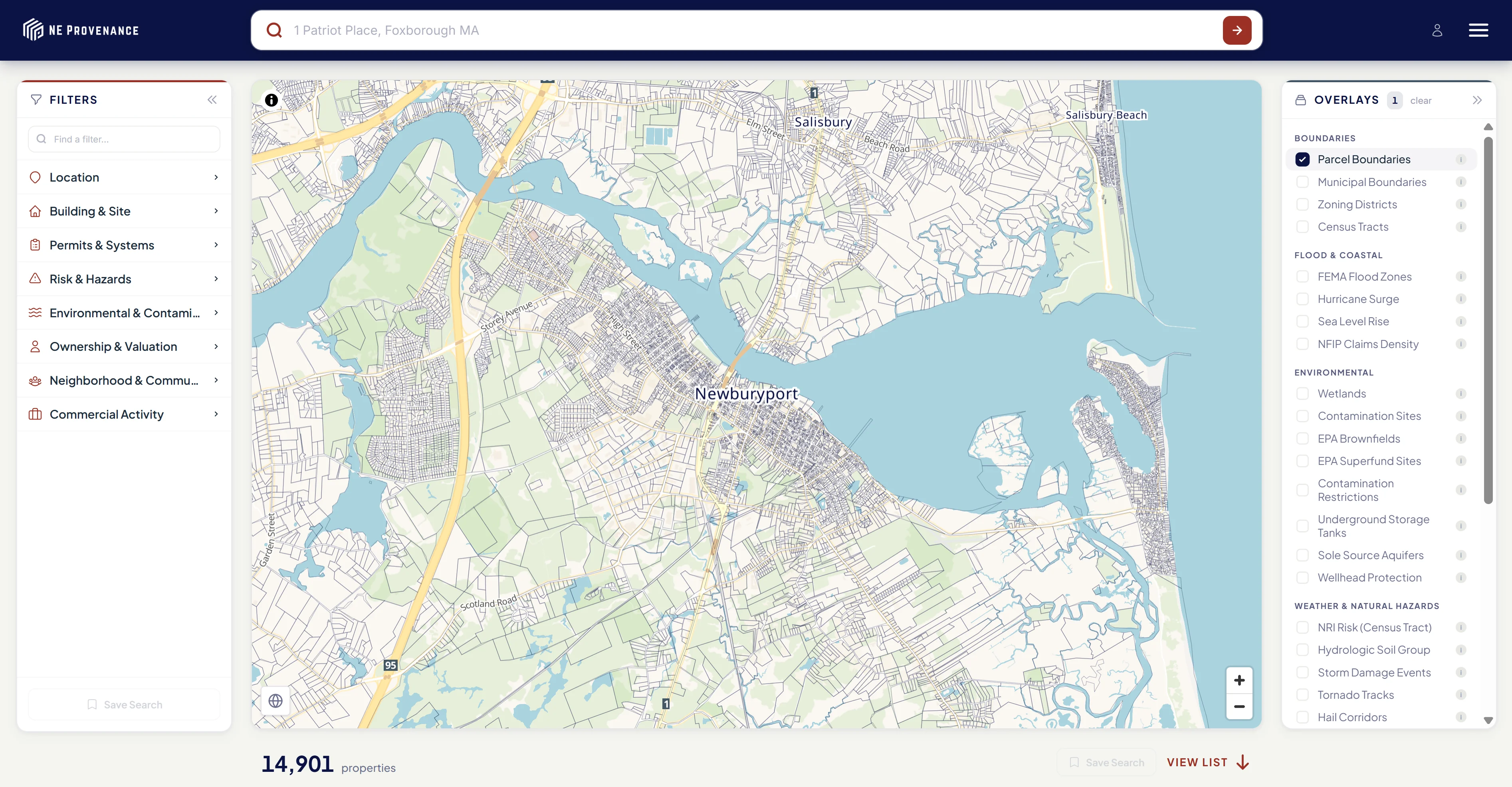 NE Provenance search map — clean parcel view of Newburyport with filters and overlay panels