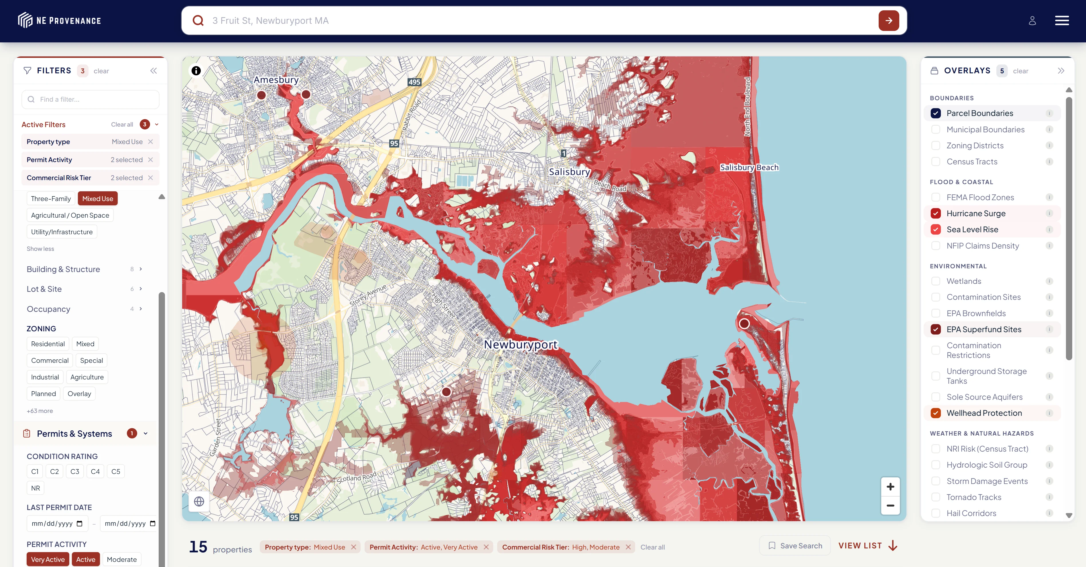 NE Provenance search map — filtered results with hurricane surge and sea level rise overlays active