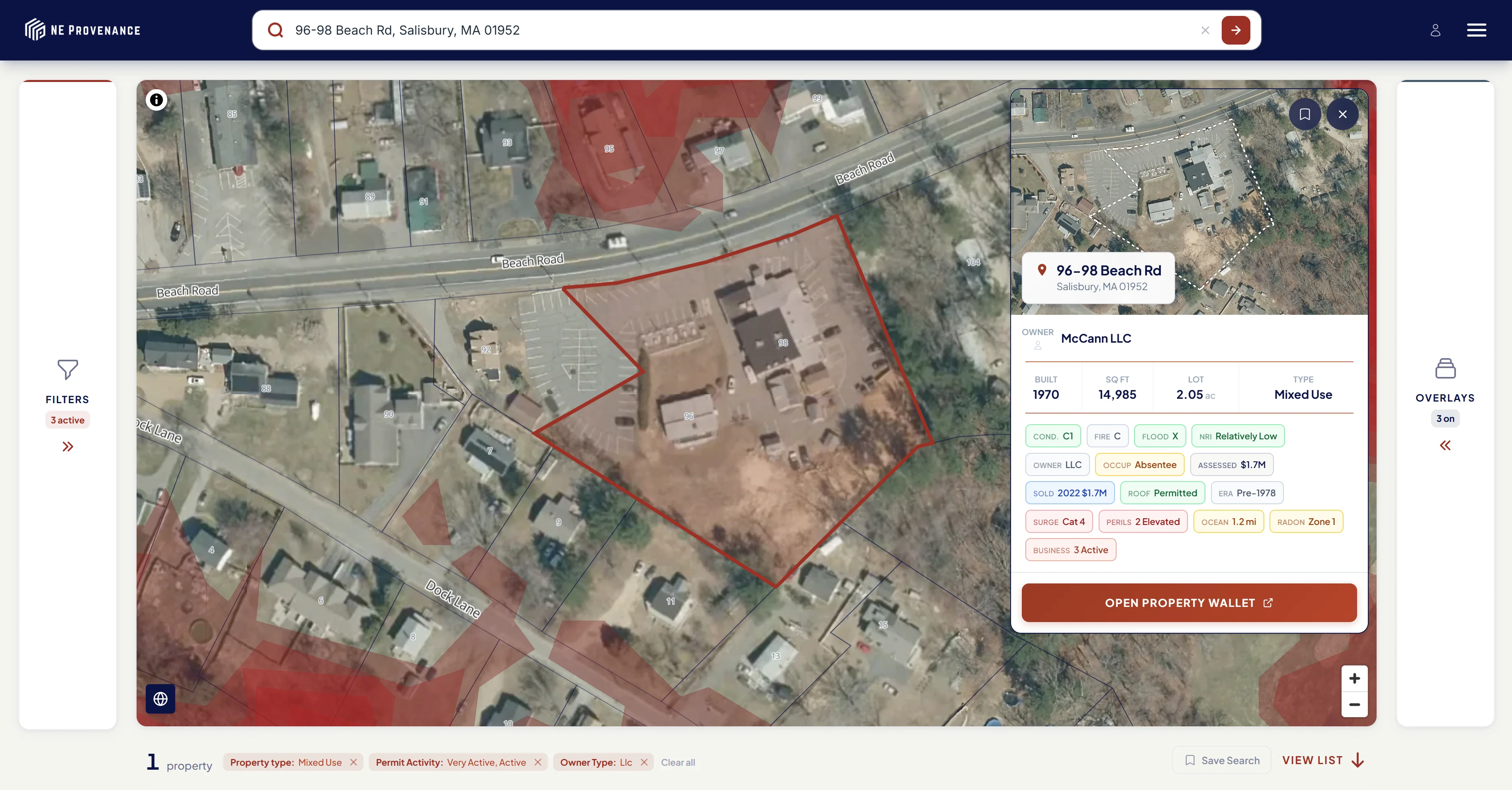 NE Provenance aerial imagery with property card and flood overlay on Beach Road, Salisbury