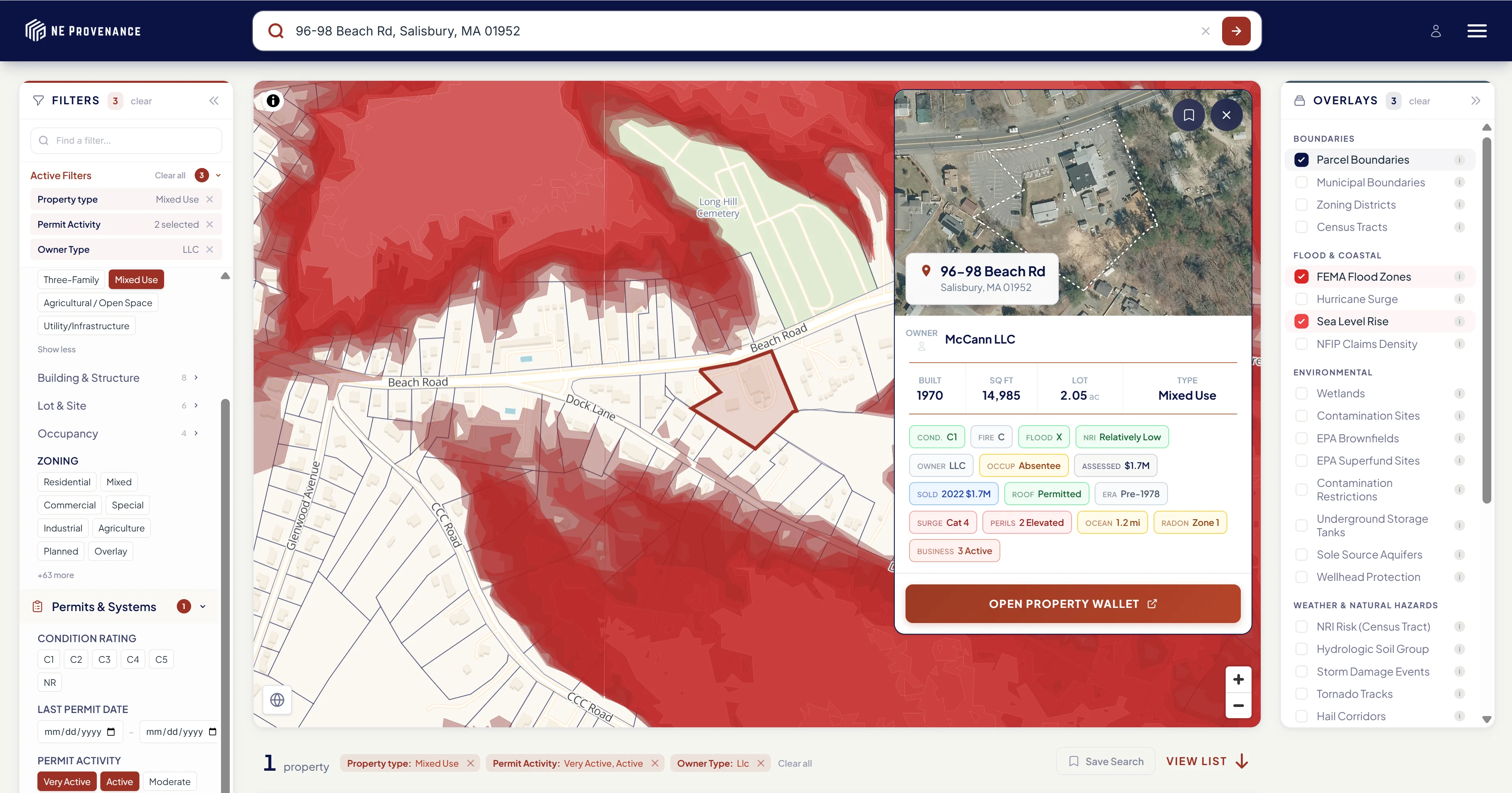 NE Provenance property card on map with FEMA flood zone and sea level rise overlays